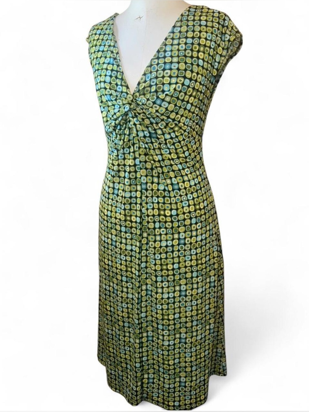 Lady Hathaway green/blue square pattern groovy midi dress